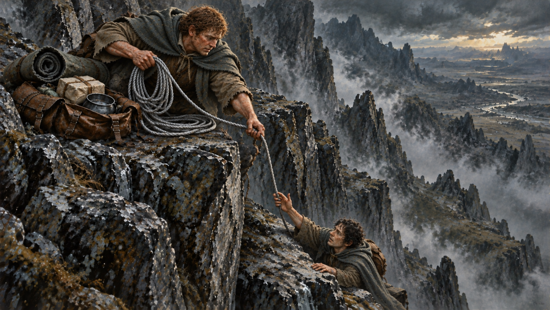 Sam retrieves his silver-grey Elven rope from a pack containing food and cooking supplies and lowers it toward Frodo on a cliff ledge.