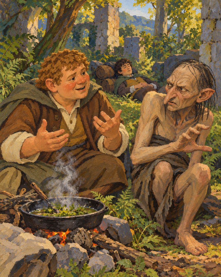 Sam enthusiastically describes a meal of potatoes and fried fish while Gollum recoils in disgust during their journey through Ithilien.