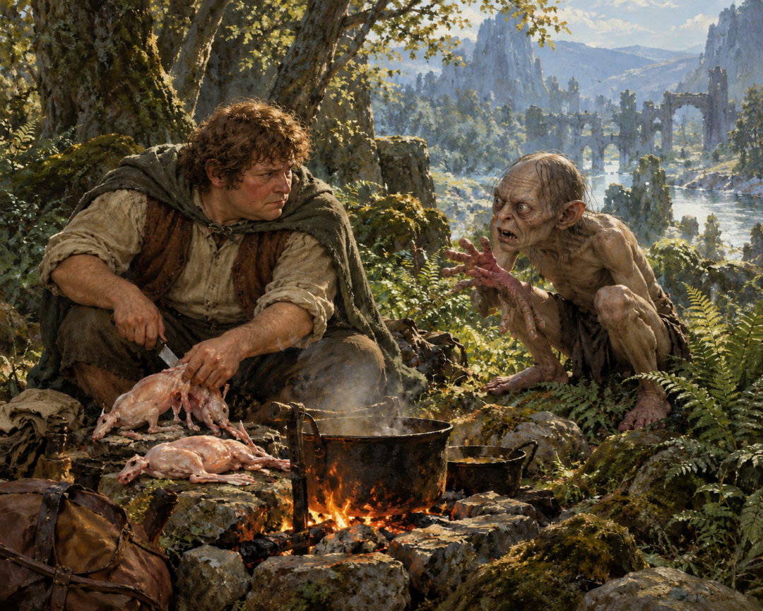 Samwise Gamgee prepares rabbits for cooking while Gollum reacts with horror beside a woodland fire in Ithilien.