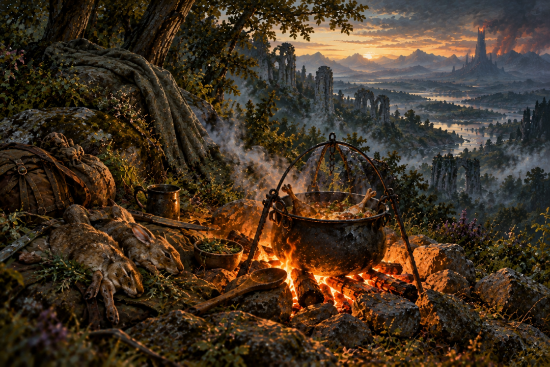 Sam's cooking pot and glowing fire contrast with an elven cloak blending into the rocks and vegetation of Ithilien.