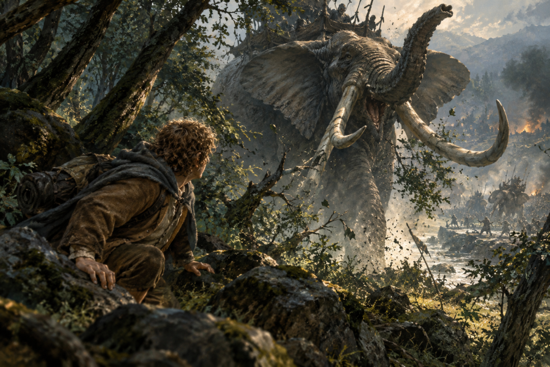 Sam Gamgee watches an enormous mûmak emerge from the woods of Ithilien during the battle with the Haradrim.