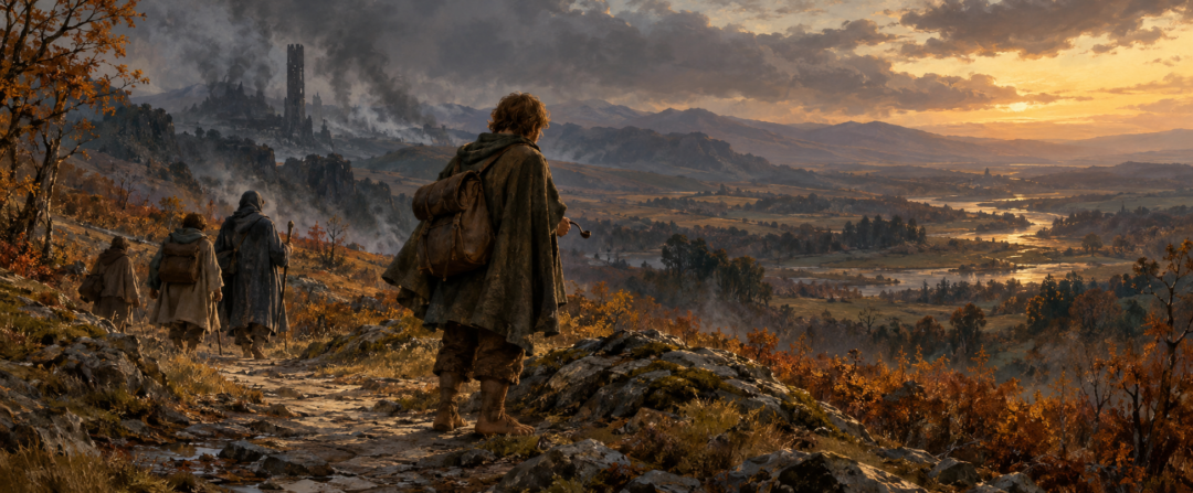 Sam looks uneasily toward the distant Shire after hearing Saruman's warning about the Southfarthing.
