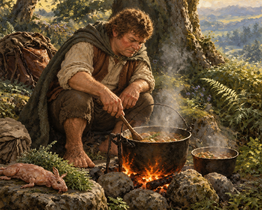 Samwise Gamgee carefully prepares rabbit stew with gathered herbs over a small cooking fire in the forests of Ithilien.