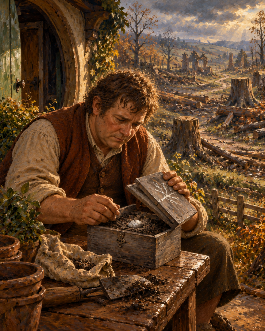 Samwise Gamgee opens Galadriel's wooden box containing blessed earth and a silver-shelled seed beside the damaged Shire countryside.