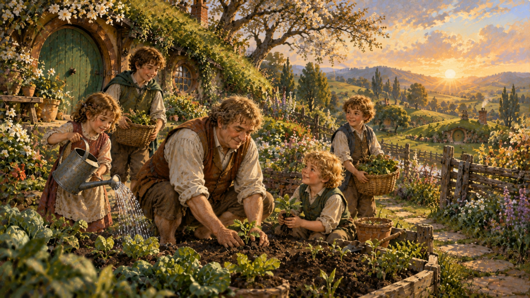 Samwise Gamgee gardening with his children outside Bag End, representing the rise of the Gardner family and the continuation of Hobbit family history.