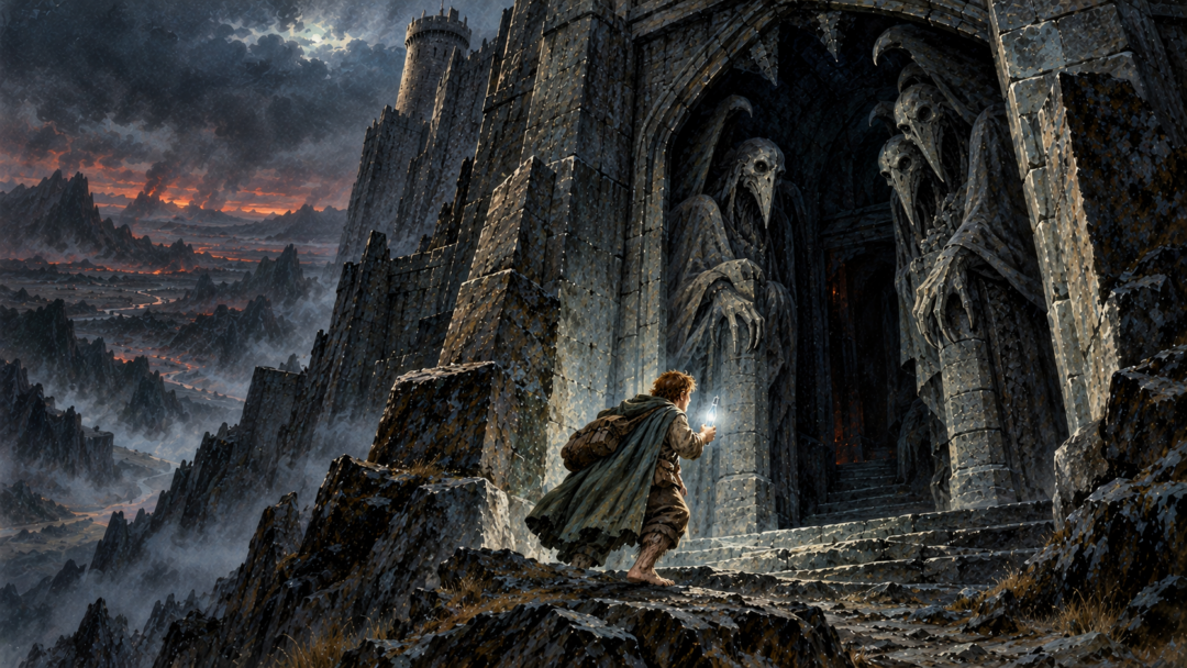 Samwise Gamgee holding Galadriel's shining phial before the sinister Two Watchers at the gate of the Tower of Cirith Ungol.