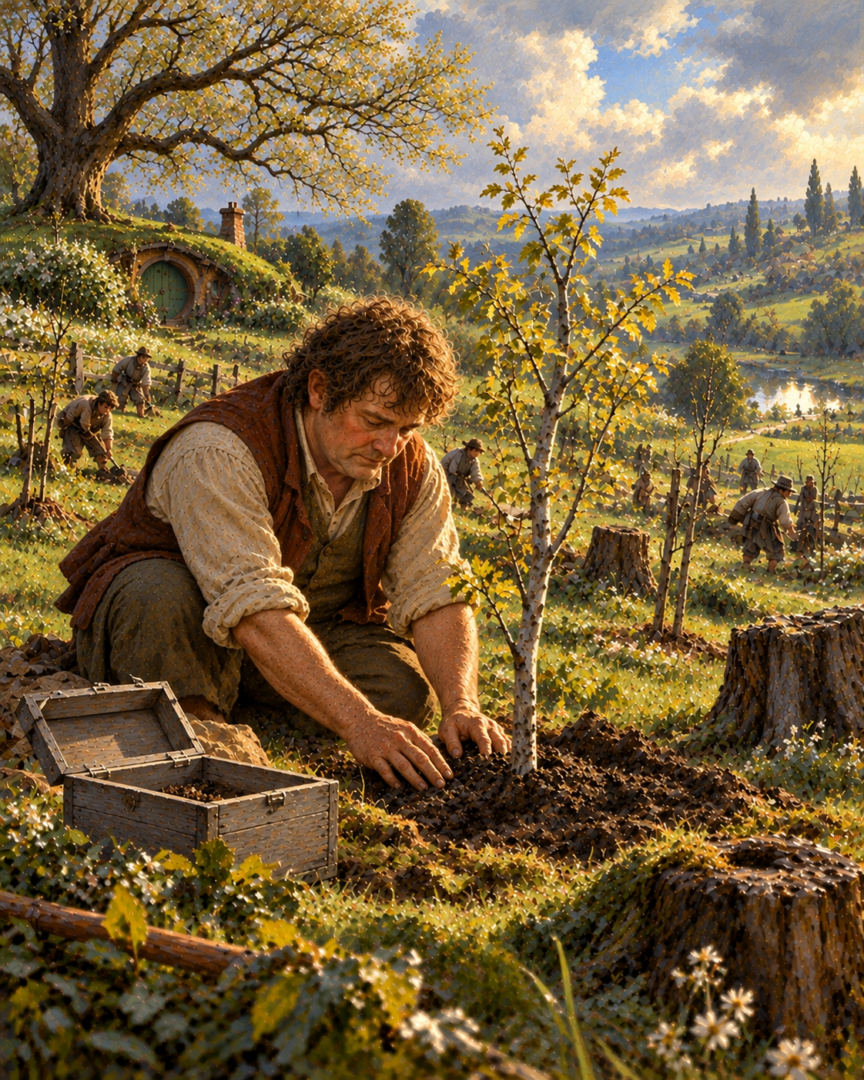 Samwise Gamgee plants a young mallorn tree in the Party Field as hobbits begin restoring the Shire after the War of the Ring.
