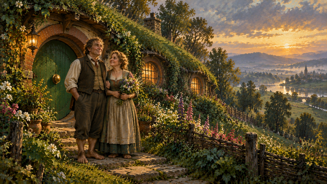 Samwise Gamgee and Rosie Cotton outside the restored Bag End, surrounded by its peaceful garden after the War of the Ring.