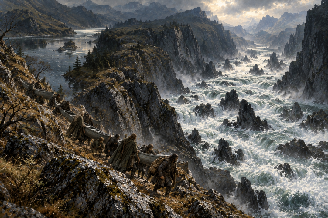 An elevated view of the rocky Sarn Gebir rapids on the Anduin with the Fellowship carrying their boats along the western bank.