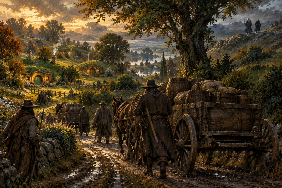 Outside influence reaches a peaceful Shire lane while Saruman and Gríma remain distant travellers on the road north.