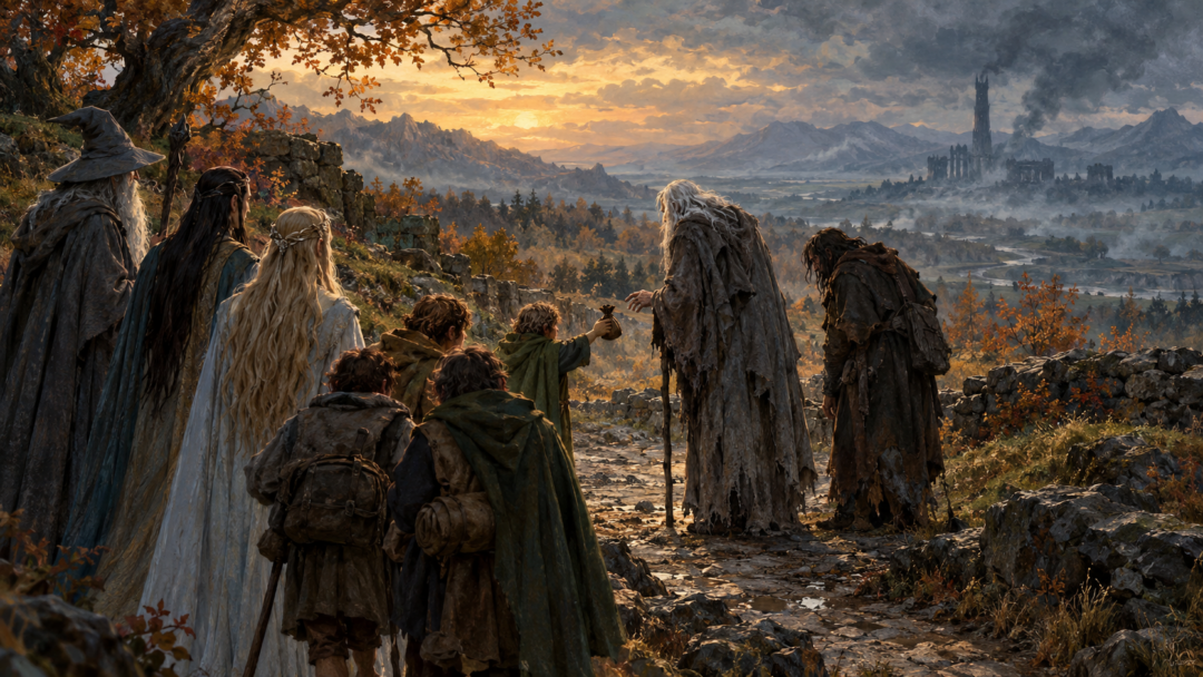 Saruman and Gríma meet the homeward travellers as Merry offers Saruman a pouch of pipe-weed.
