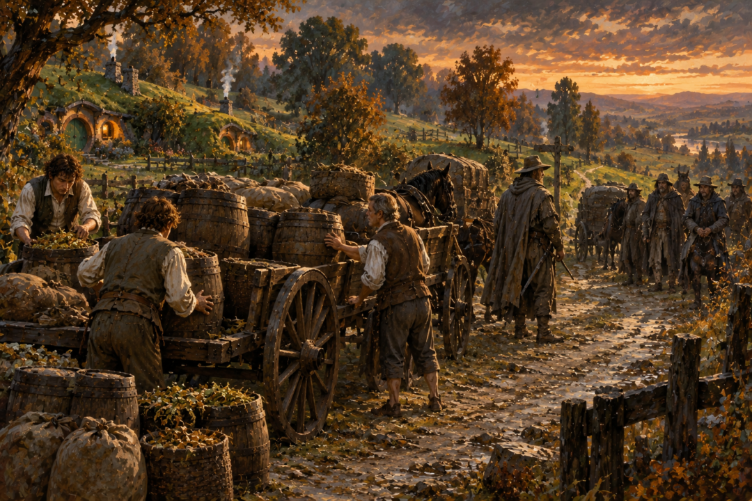 Carts of Shire produce prepare to travel south while unfamiliar Men wait beyond a peaceful Southfarthing farm.