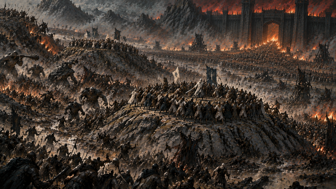 Vast forces of Mordor encircle the two grey hills defended by the outnumbered Host of the West at the Battle of the Morannon.
