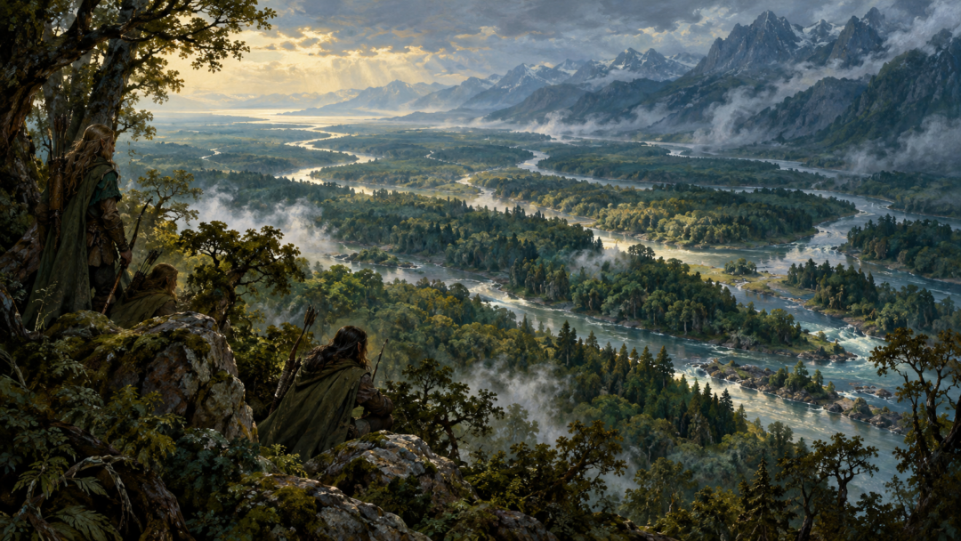 The wooded land of Ossiriand divided by rivers flowing from the Blue Mountains toward Gelion.