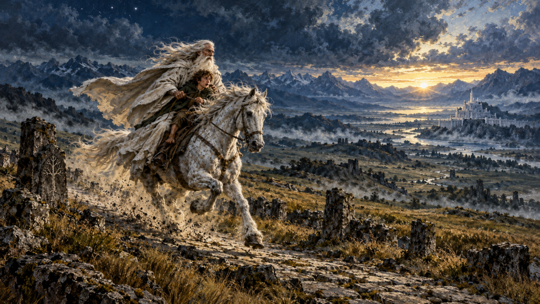 Shadowfax carries Gandalf and Pippin across the windswept lands toward Gondor beneath a dramatic dawn sky.