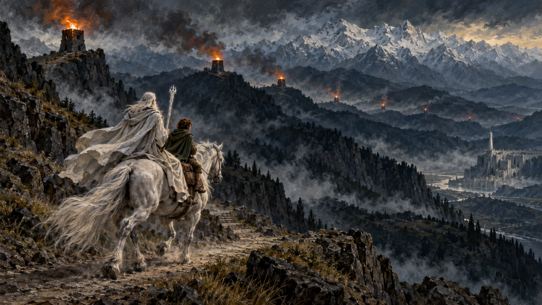 Gandalf and Pippin ride Shadowfax through Anórien as Gondor's warning beacons burn across distant mountain ridges.