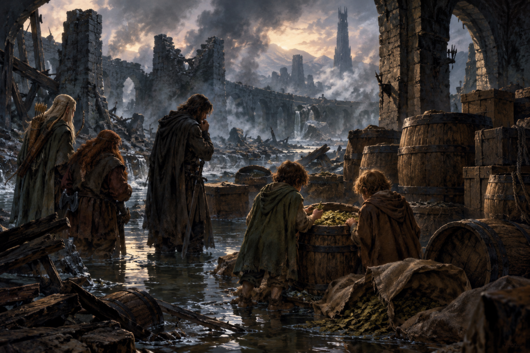 Merry, Pippin and Aragorn examine Shire pipe-weed discovered among the ruined stores of Isengard.