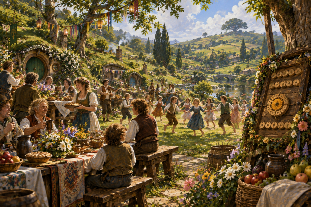 Hobbits celebrating midsummer in the Shire with a symbolic calendar illustrating Shire-reform
