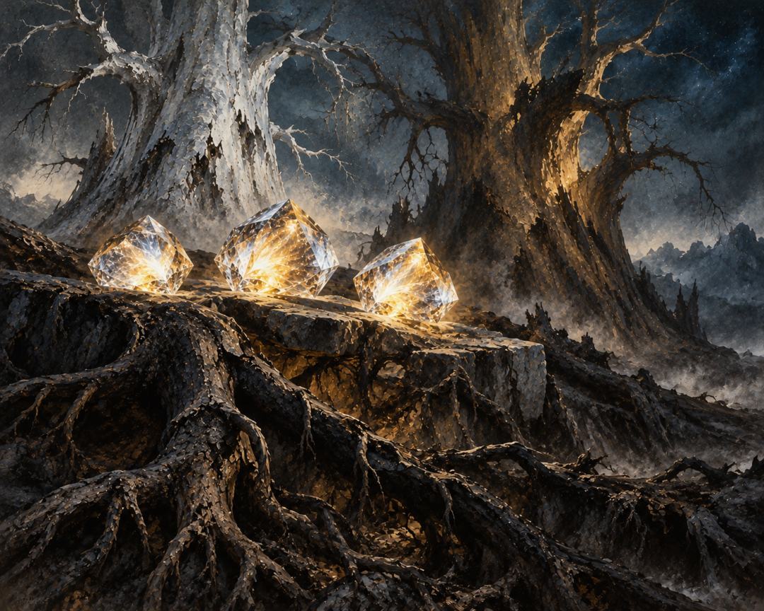 Three radiant Silmarils rest near the lifeless roots of the Two Trees, symbolizing the ancient light that survived their destruction.