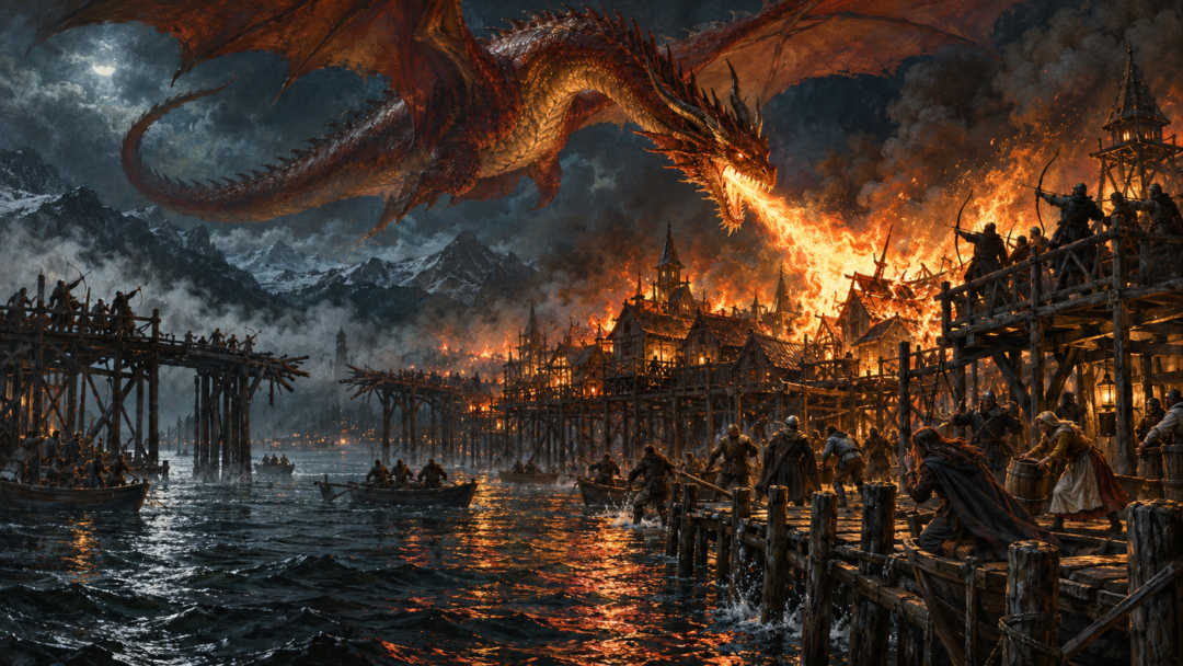 Smaug breathing fire over the wooden houses and platforms of Lake-town as archers defend the settlement and its bridge lies broken.