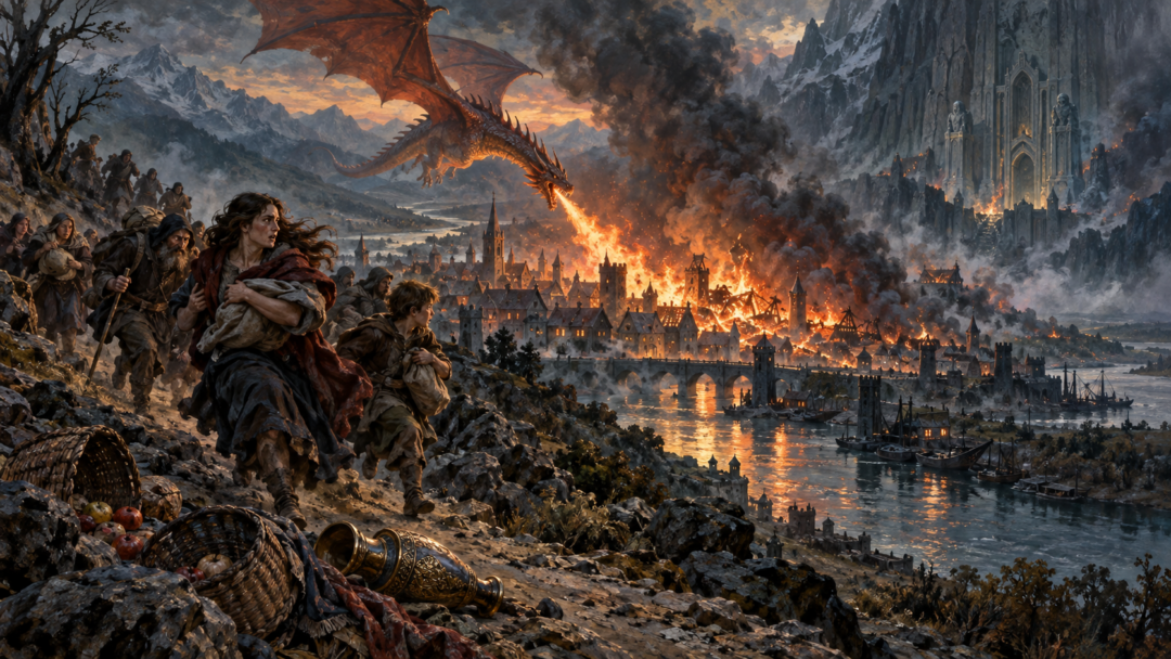 Smaug attacking Dale beneath the Lonely Mountain as fleeing townspeople leave behind goods and Dwarven metalwork.