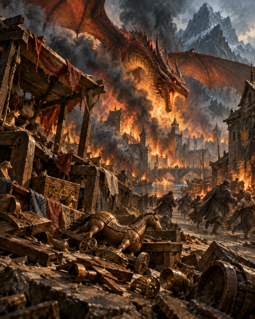 Smaug attacking Dale as an abandoned handmade toy lies beside a ruined market stall amid smoke and flames.