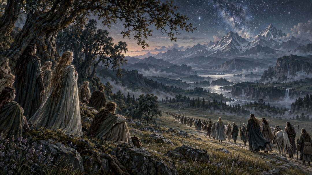Elves separate beneath the stars as the Eldar begin the Great Journey westward while the Avari remain in Middle-earth.