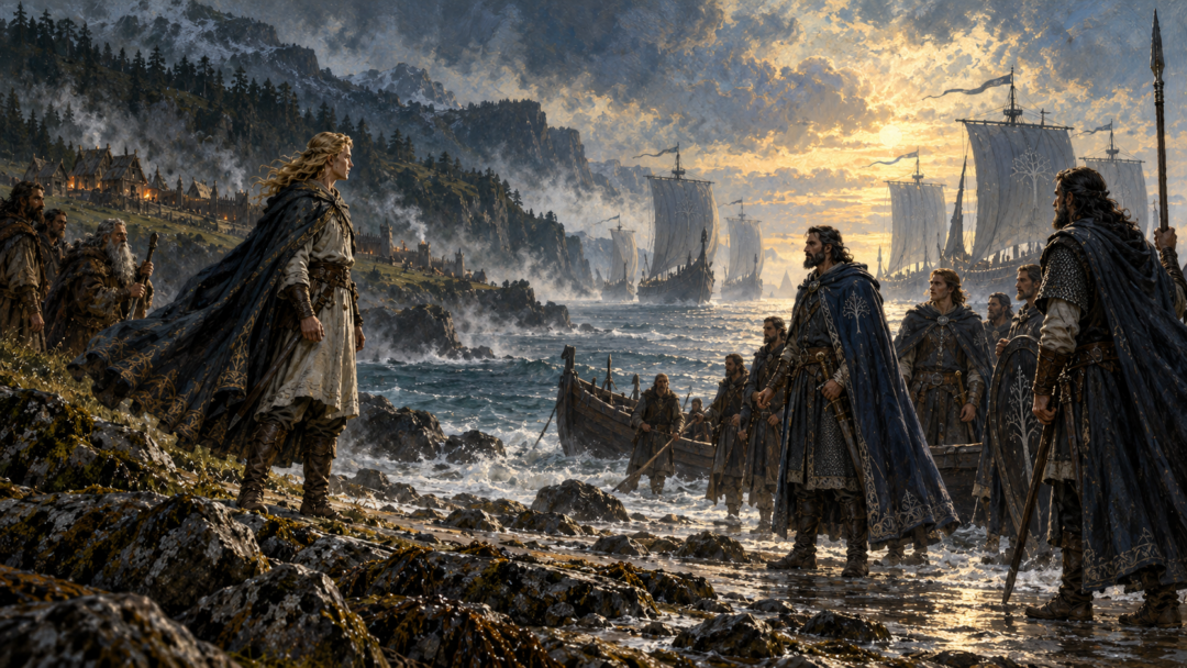 Tal-Elmar encounters Númenórean mariners on the shore with their ships anchored beyond him.
