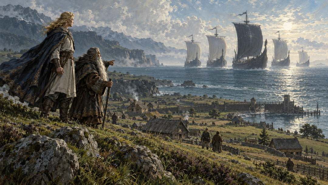 An imagined scene of Tal-Elmar and Hazad watching Númenórean ships approach the coast near Agar; the painted fleet is illustrative rather than an exact count of the four vessels in the text.