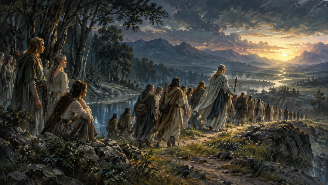 The Tatyar dividing near Cuiviénen, with one group following Finwë westward and another remaining behind as Avari.