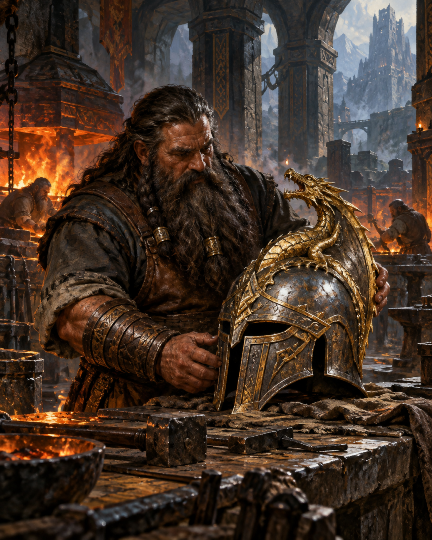 Telchar the Dwarven smith examines the grey-steel Dragon-helm with its gilded dragon crest inside an ancient forge in Nogrod.