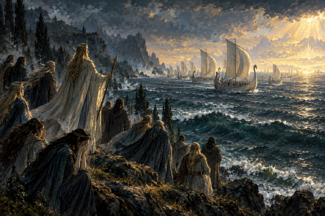 The Teleri divide as some sail toward Aman while others remain in Beleriand searching for Elwë.