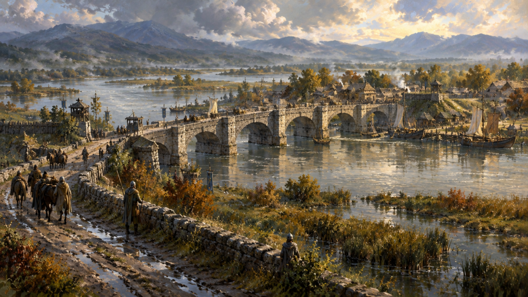 Tharbad at its height, with a stone bridge, long causeways across marshland, guarded approaches and river vessels beside the inland settlement.