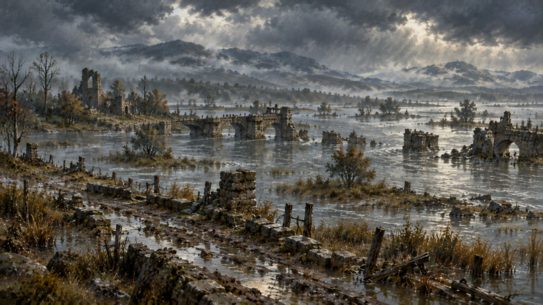 Floodwaters covering the abandoned approaches to Tharbad, with damaged causeways, scattered buildings and broken bridge remains along the Greyflood.