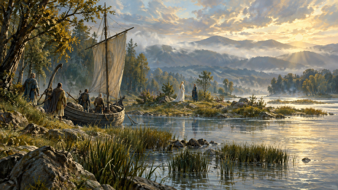 An early river landing beside the broad Gwathló, with a Númenórean vessel approaching a wooded bank before Tharbad became a developed bridge-town.