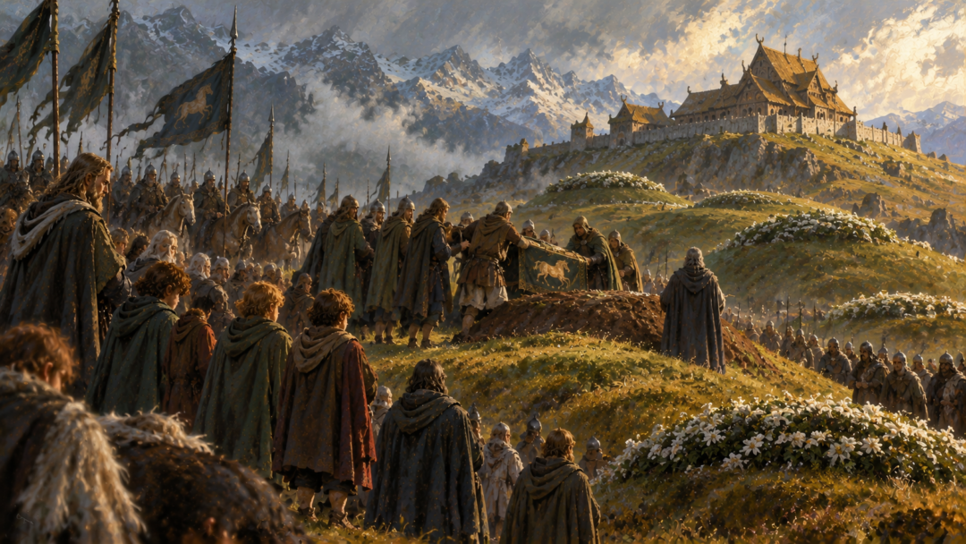 Théoden’s burial at the royal barrows of Edoras as the Rohirrim and the homeward company gather in mourning.