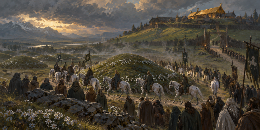 Théoden’s newly raised eighth eastern barrow covered with green turf and white evermind as Riders circle on white horses.