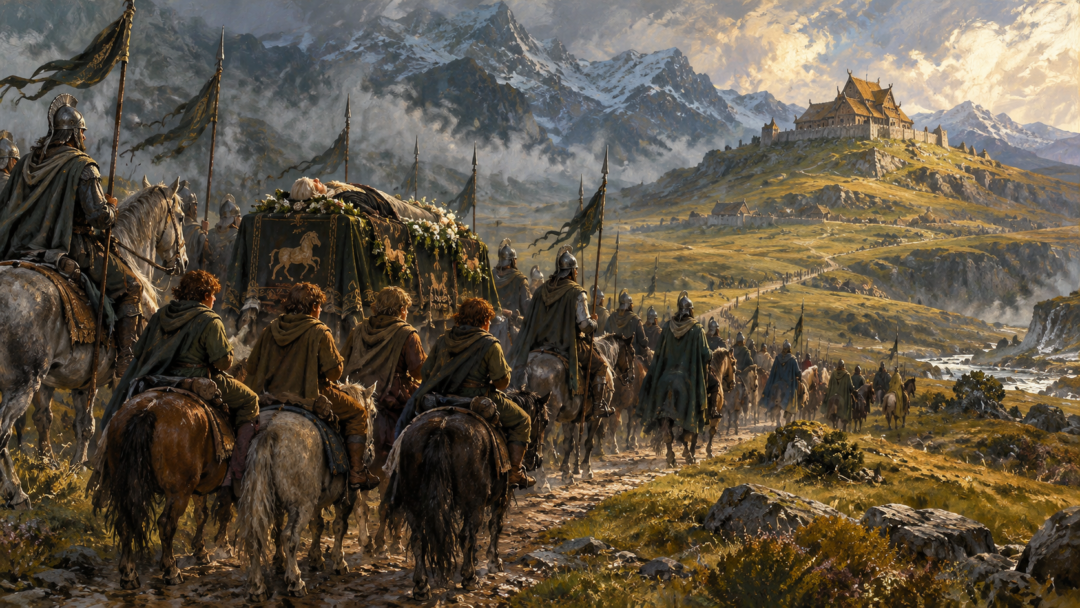 Théoden’s funeral procession crossing Rohan toward Edoras with the four hobbits among the returning company.