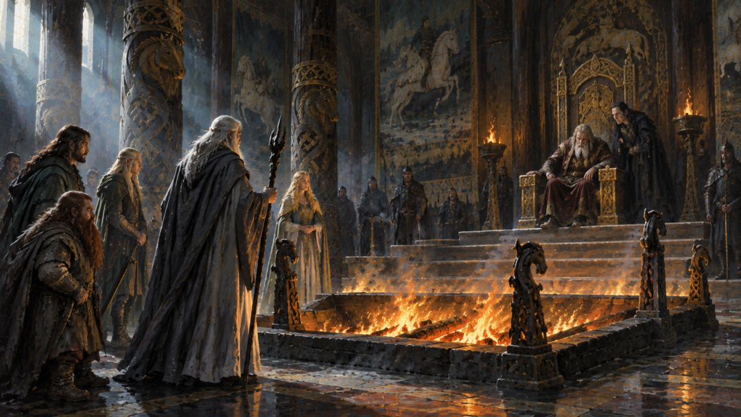 Gandalf confronts Gríma Wormtongue before the weary King Théoden inside Meduseld, with the central hearth separating the visitors from the royal dais.