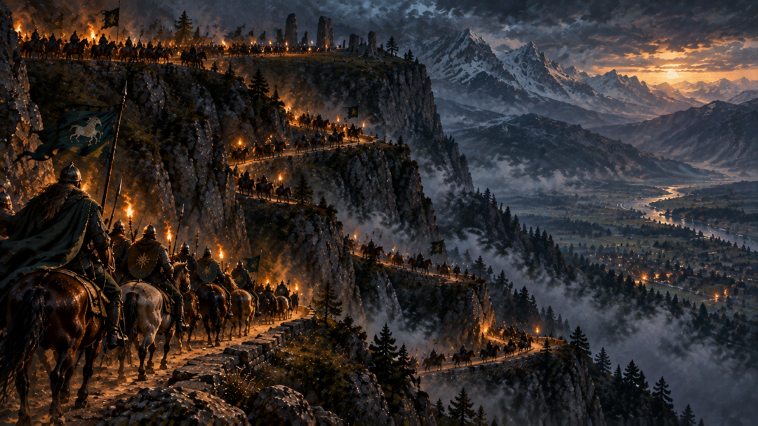 Théoden's host descending from Dunharrow in a long constrained column along the mountain switchbacks.