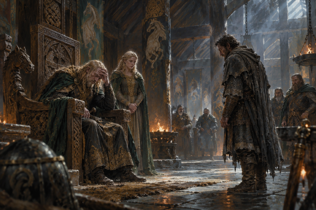King Théoden receiving news of his son Théodred’s death in the Golden Hall