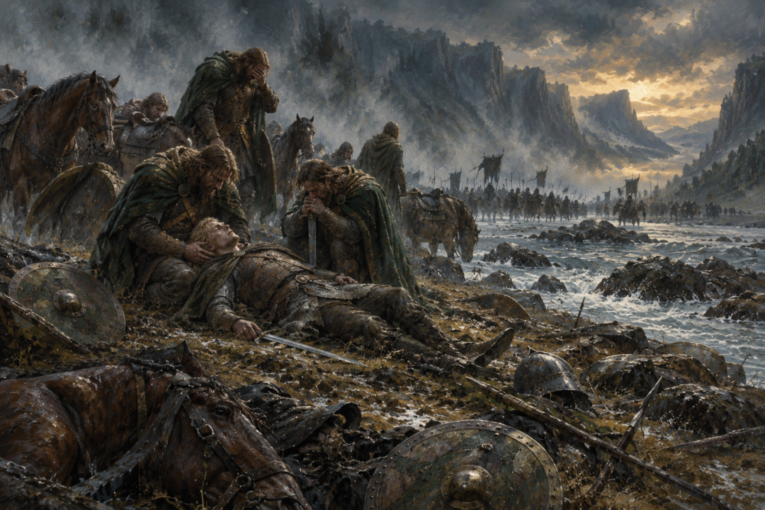 Rohirrim survivors mourning Théodred after the First Battle of the Fords of Isen