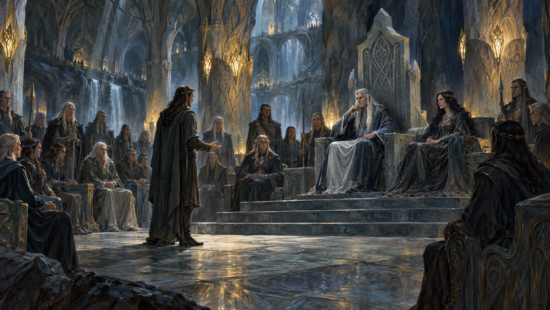 King Thingol hears testimony from Mablung in the royal halls of Menegroth during the inquiry into Saeros's death.