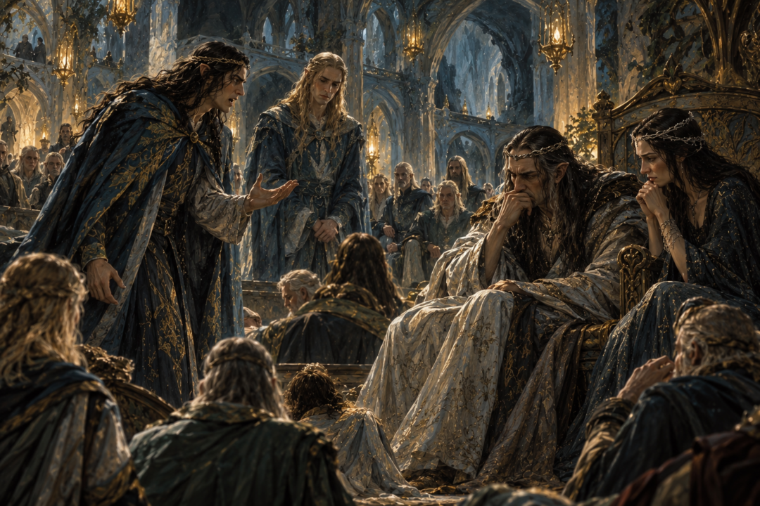 Angrod revealing the Kinslaying at Alqualondë before Thingol, Melian, and Finrod in Menegroth.