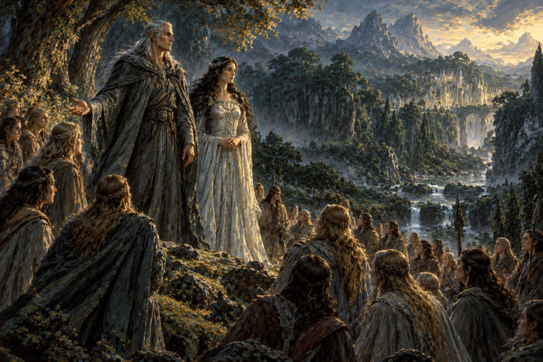 Elu Thingol and Melian stand before the Elves who remained behind in Beleriand.