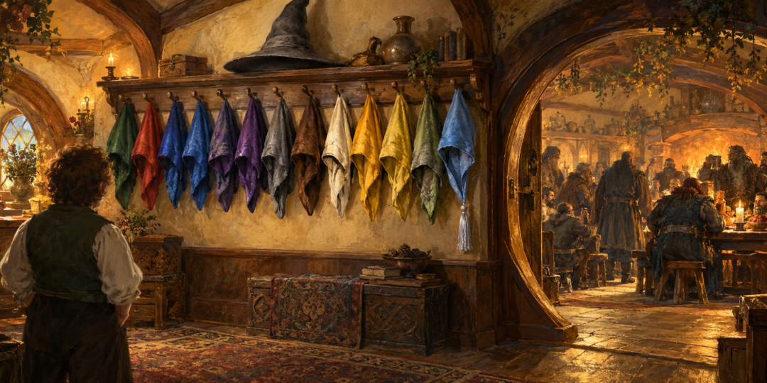 Thirteen colorful Dwarf hoods hanging in Bilbo’s entrance hall after Thorin’s Company has assembled at Bag End.
