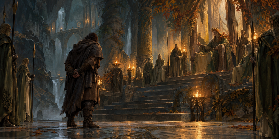 Thorin Oakenshield standing alone before the Elvenking after his separate capture in Mirkwood