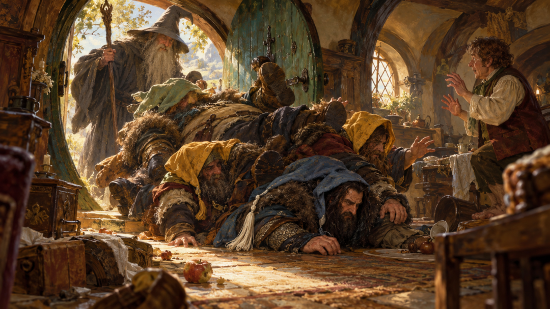 Thorin arriving with Bifur, Bofur and Bombur as their colorful hoods distinguish the final Dwarf group at Bag End.