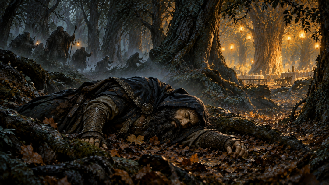 Thorin Oakenshield lies unconscious under Mirkwood's trees after the third Elven feast vanishes, separated from his companions.