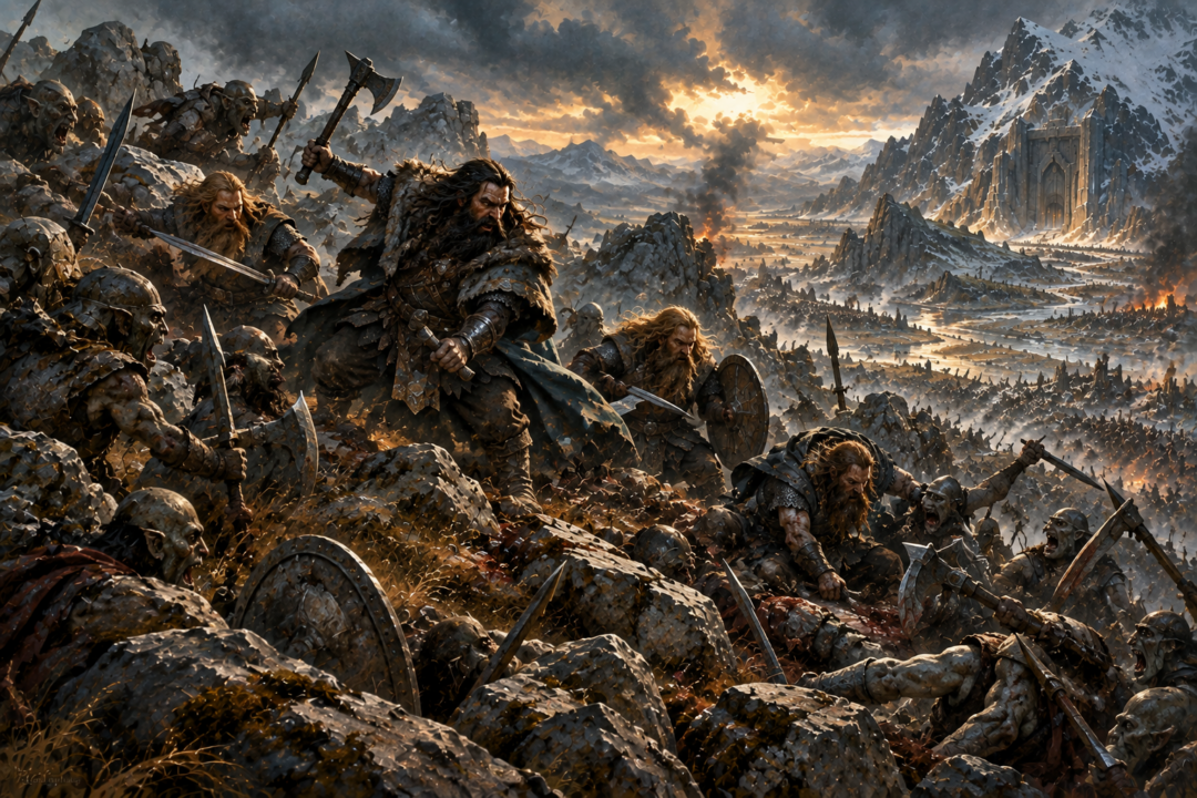 Thorin Oakenshield and his companions surrounded during their desperate final advance in the Battle of Five Armies